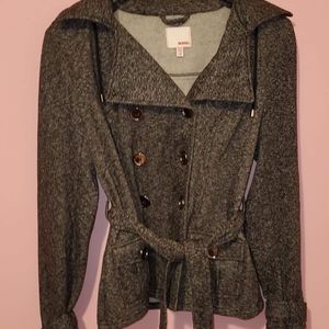 Grey jacket with hoodie and detachable belt.